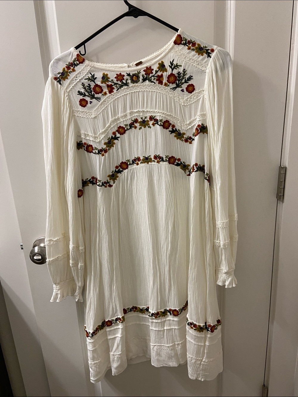 Free People Cream Long-Sleeve Embroidered Boho Dress